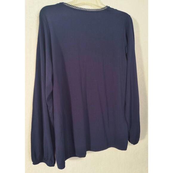 Susan Graver Weekend Embroidered Top Women's Sz L Navy Blue Long Sleeve Popover - Picture 10 of 14